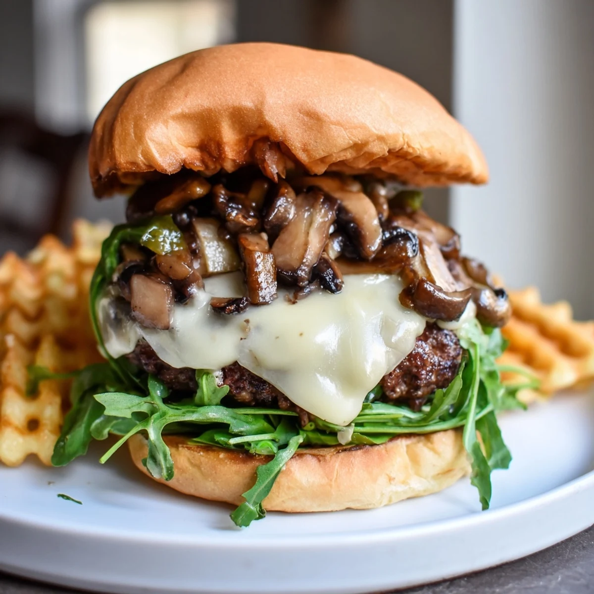 Mouthwatering image: a cooked Mushroom Swiss Burger rests on a toasted bun, next to fries.