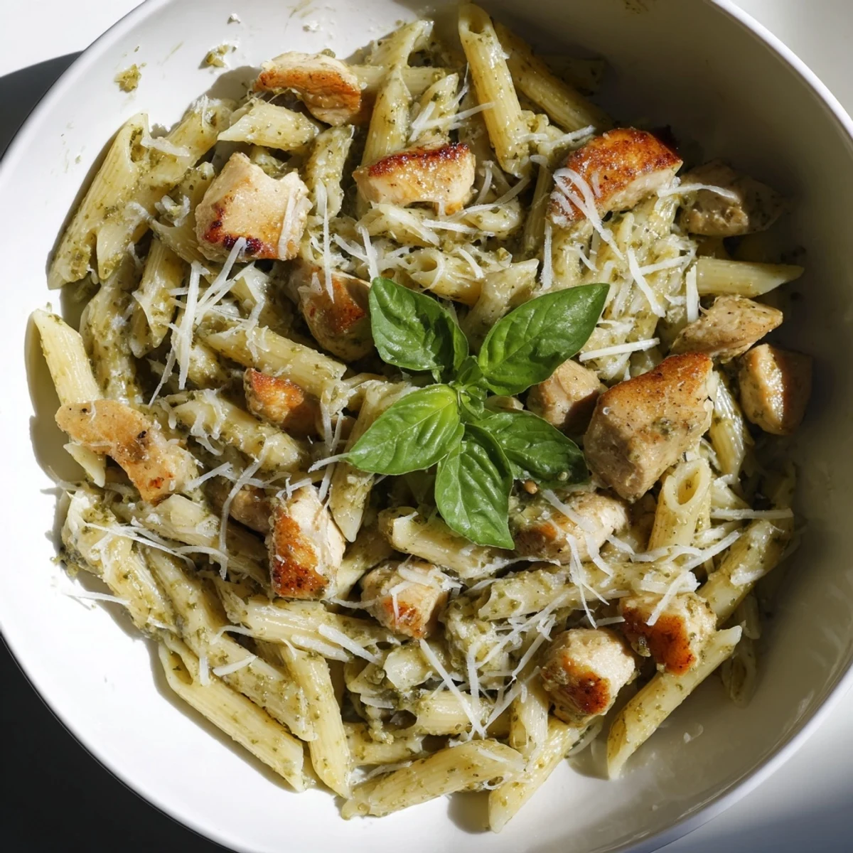 Creamy Pesto Penne & Chicken: A vibrant plate of pasta with chicken and creamy pesto, fresh basil garnish.