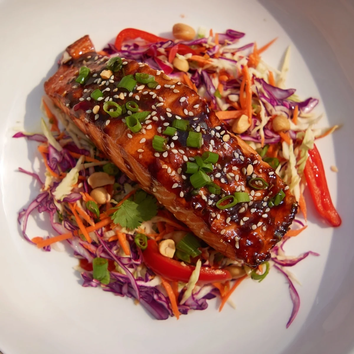 Tender teriyaki salmon glistens atop a crunchy Asian slaw in this enticing bowl.
