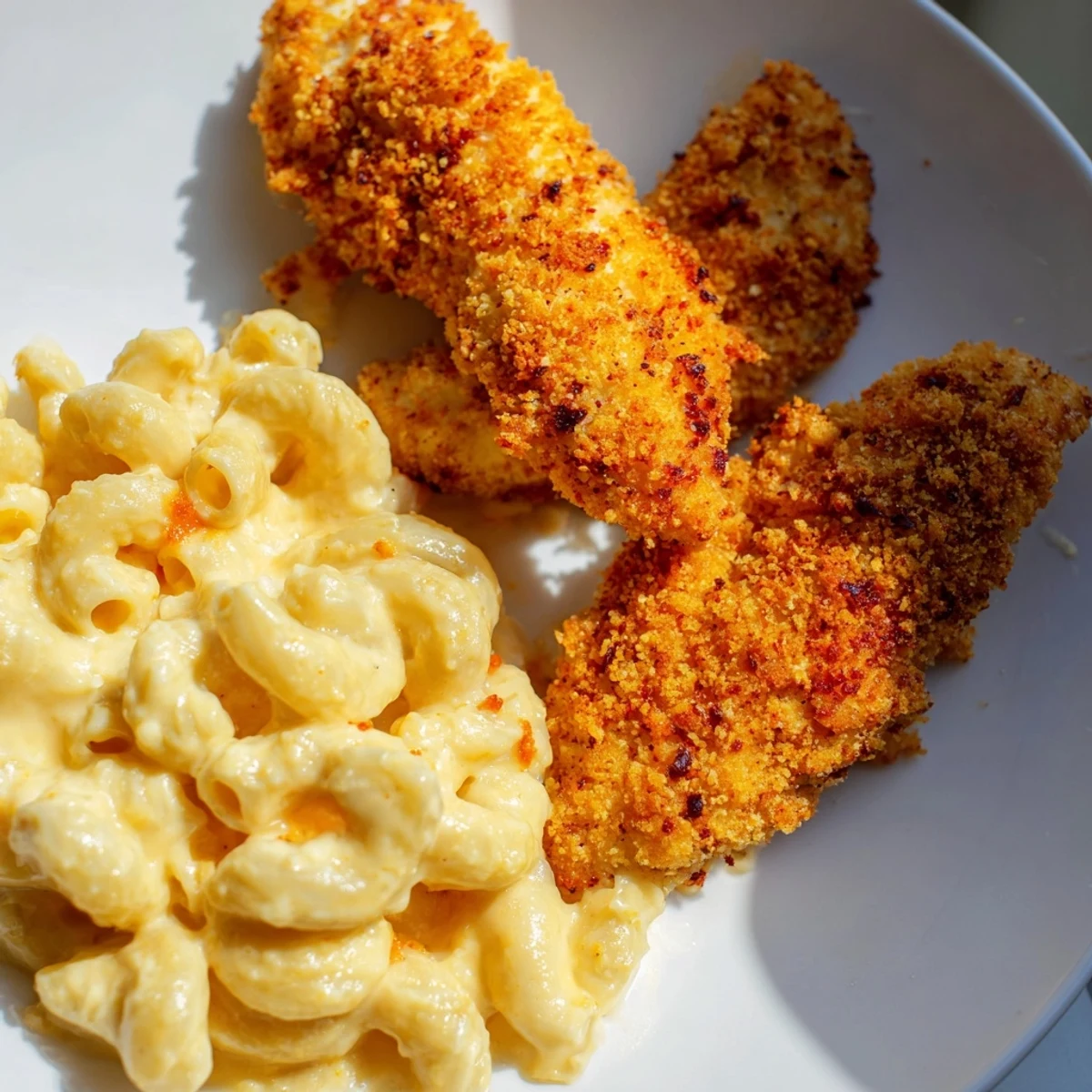 A side of cheesy, comforting macaroni complements delicious, crispy chicken tenders for a tasty lunch.