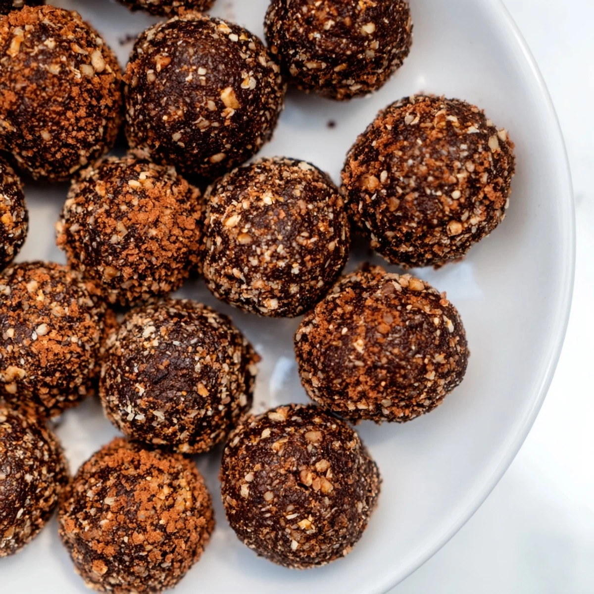 Enjoy a close-up of delicious Date & Walnut Truffles; the bite-sized treats are perfect for gifting.