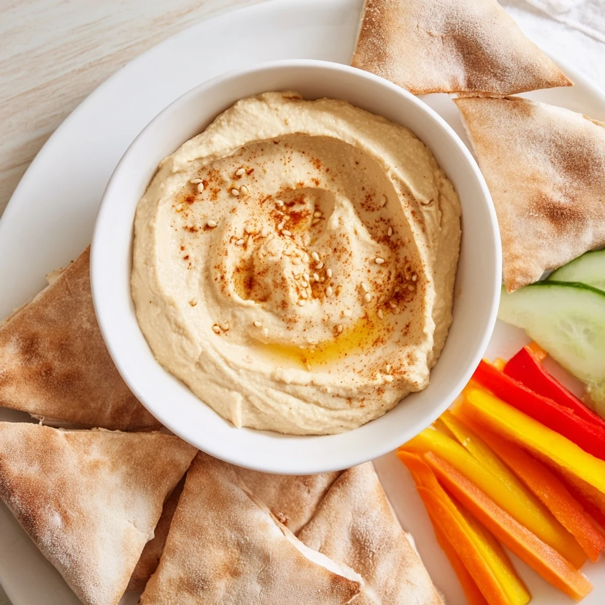 Creamy DIY hummus with warm pita bread and crunchy veggie sticks perfect for dipping.