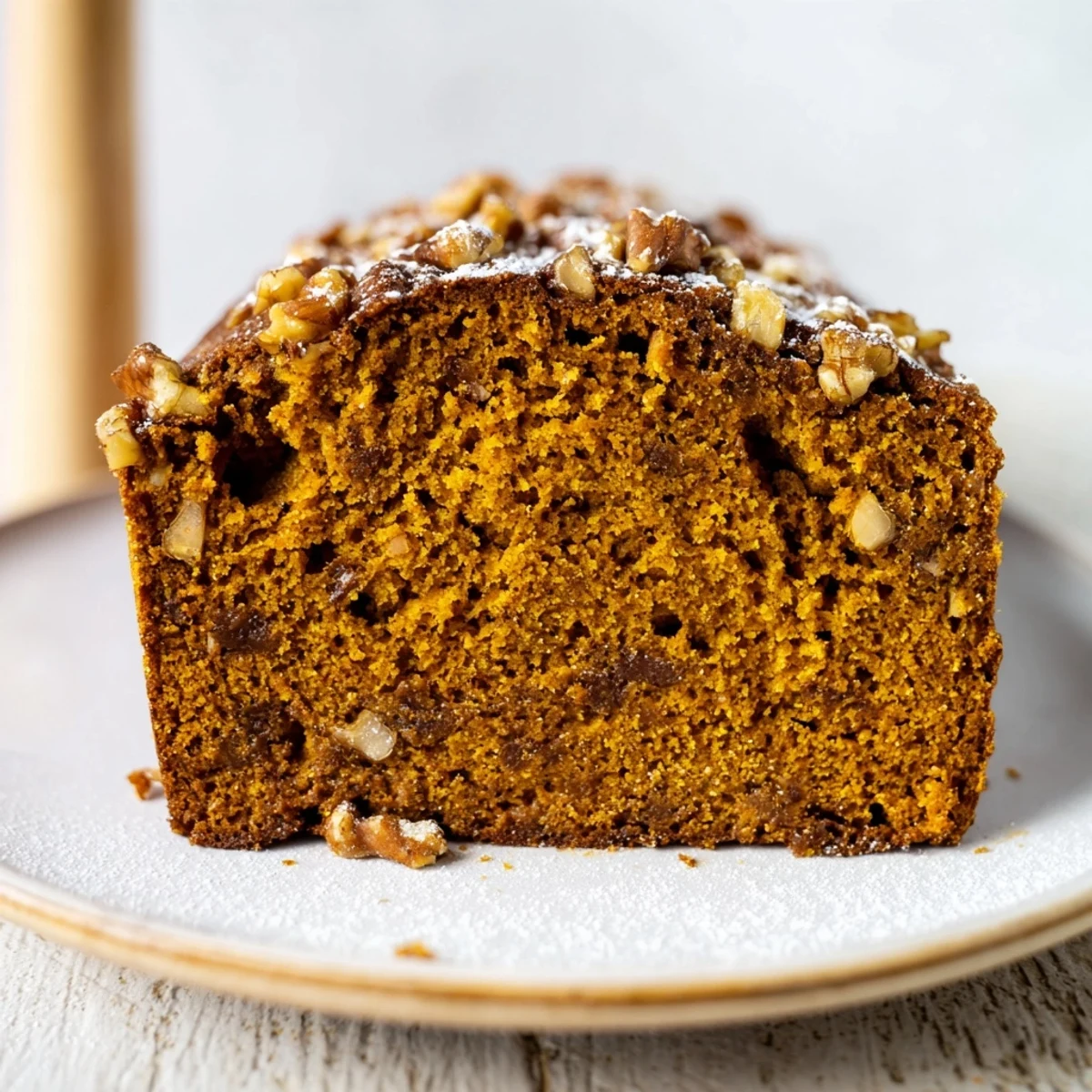 Warm, spiced pumpkin bread loaf, golden brown and ready to slice for a perfect fall treat.
