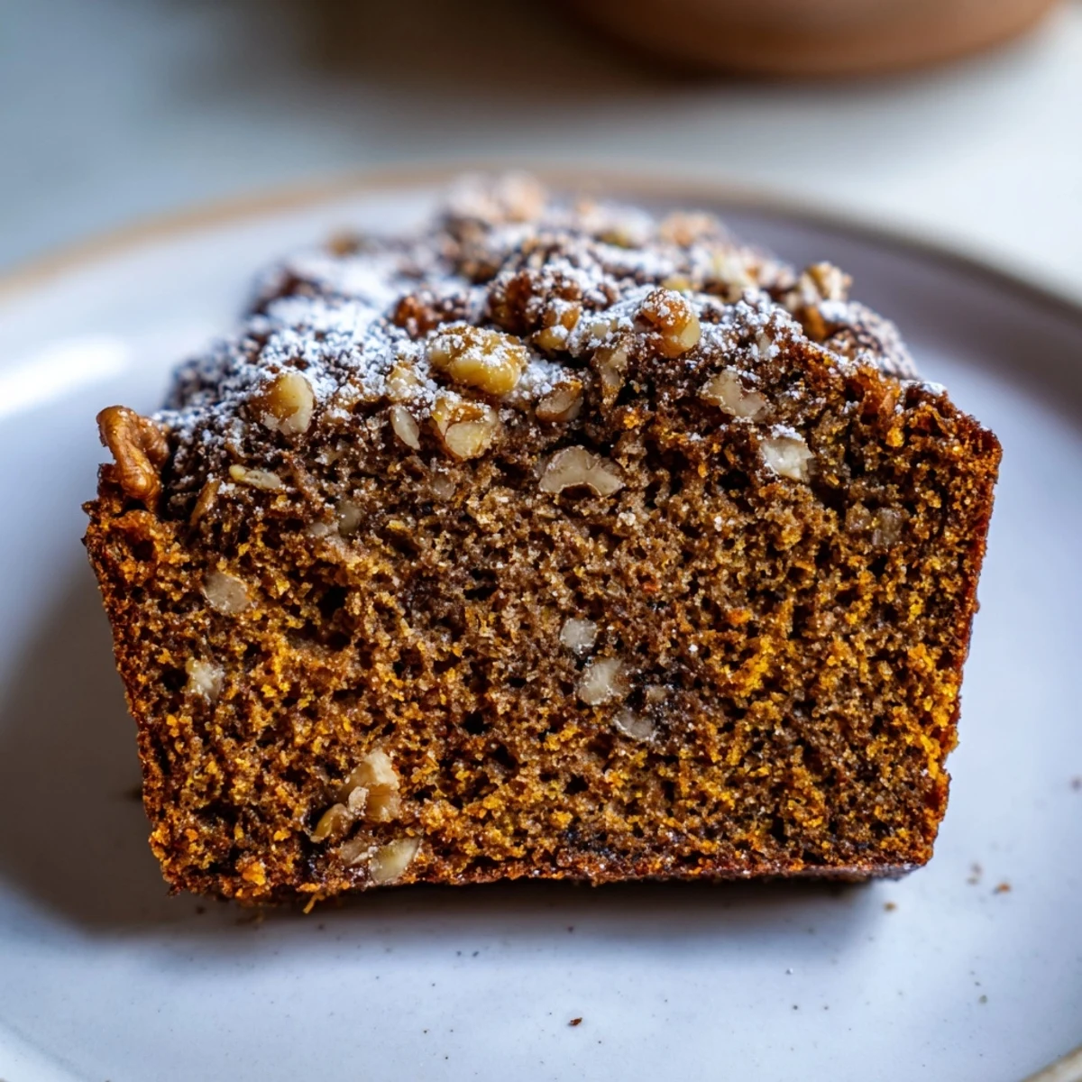 Close-up of a mug of pumpkin bread, steaming, with a swirl of cinnamon and nutmeg aroma.