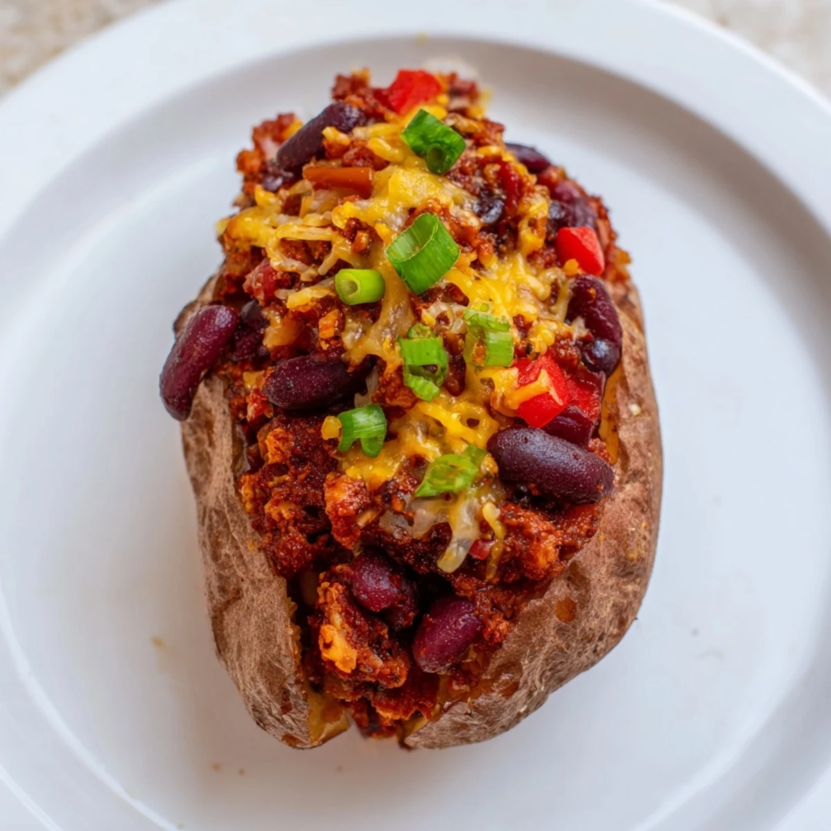 Steaming Chili-Style Baked Potatoes, loaded with a rich and hearty bean chili, ready to eat.