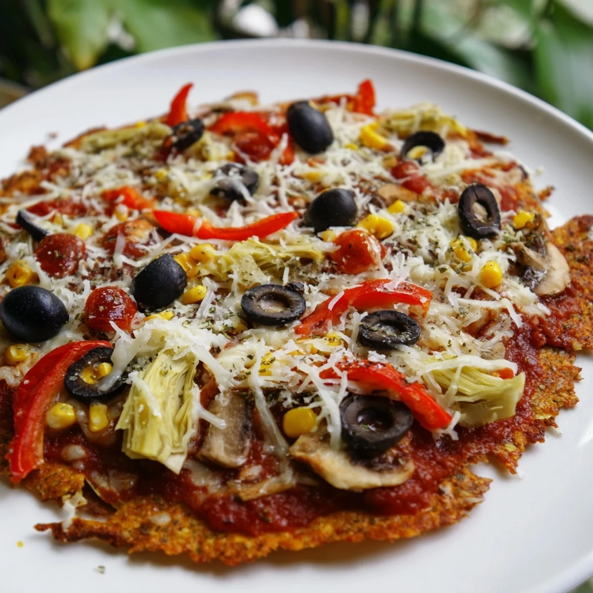Crispy Tortilla Pizza with melted cheese and vibrant pantry toppings, ready to eat.