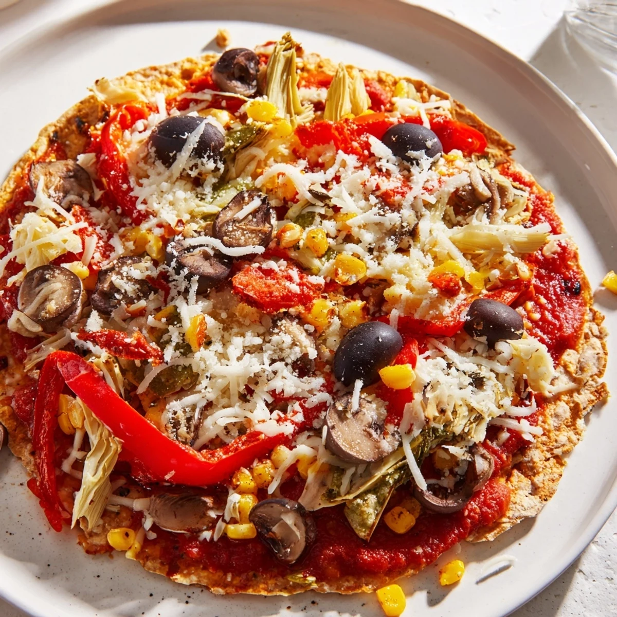 Quick and easy tortilla pizza featuring colorful toppings and perfectly melted mozzarella cheese.