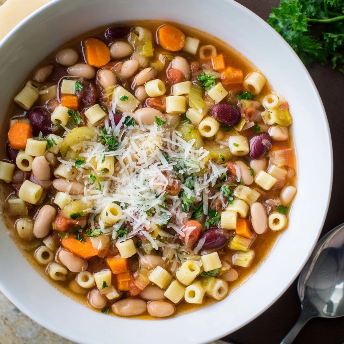 Flavorful Pasta e Fagioli Soup, thick with creamy beans, served in a warm bowl with Parmesan.