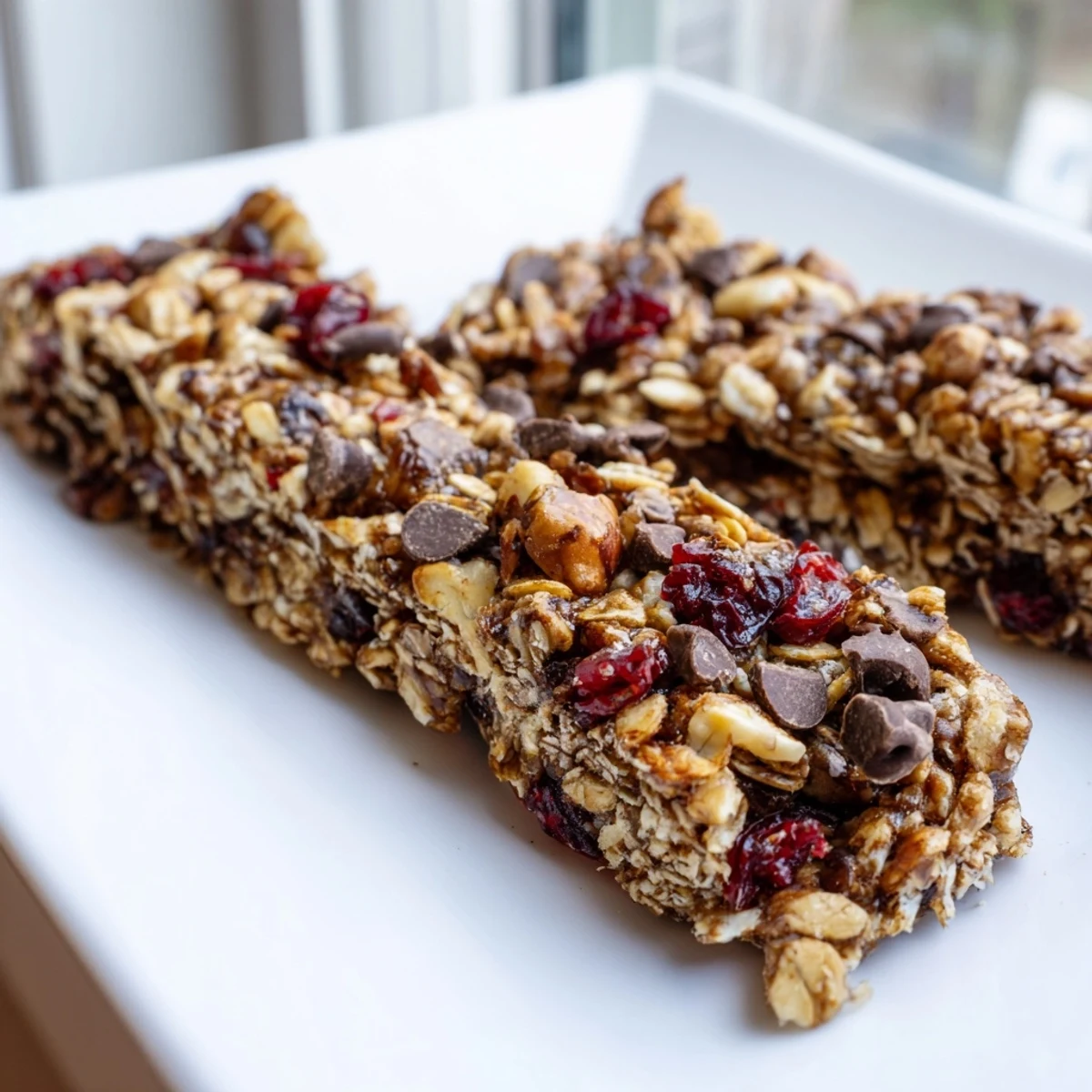 Warm homemade granola bars, golden brown, enticingly chewy, perfect for a quick breakfast.