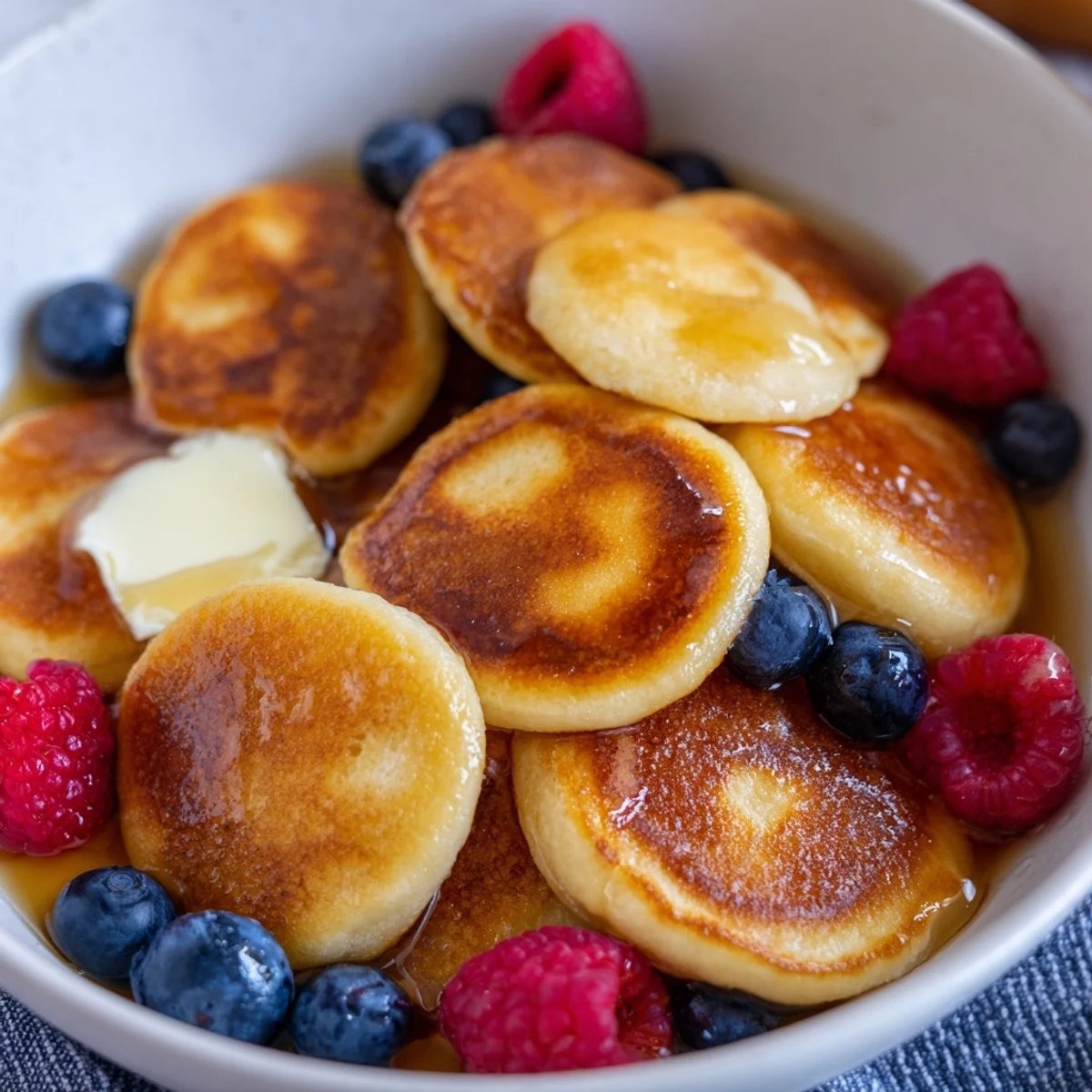 Golden-brown pancake cereal in a bowl, drizzled with maple syrup; a delightful breakfast.