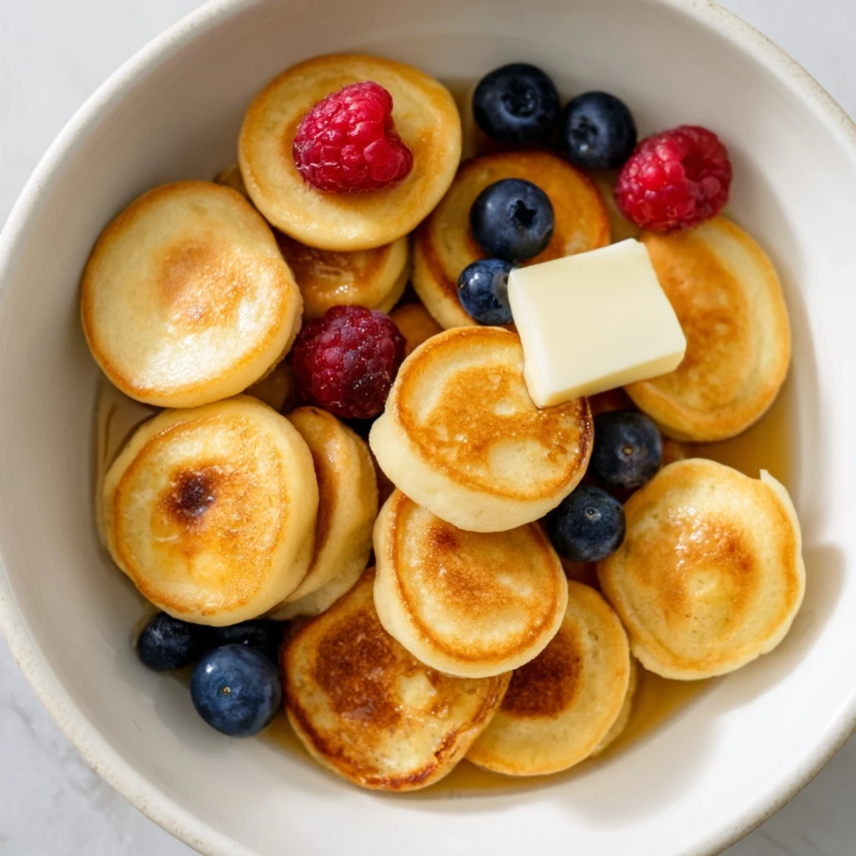 Miniature pancake cereal pieces, cooked until perfect, awaiting a drizzle of syrup and berries.
