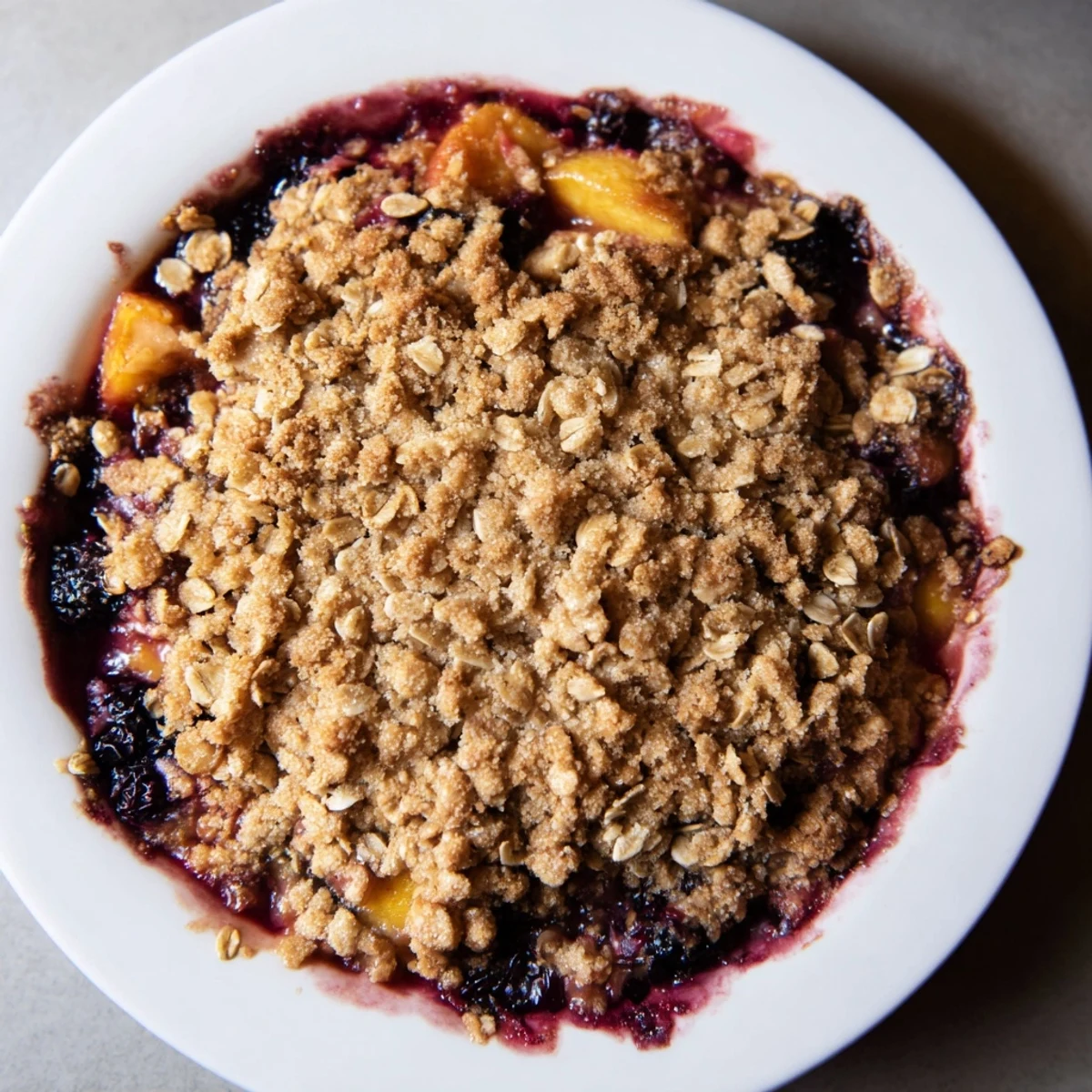 Warm fruit crisp bubbling with mixed berries; this easy dessert has an oat topping.