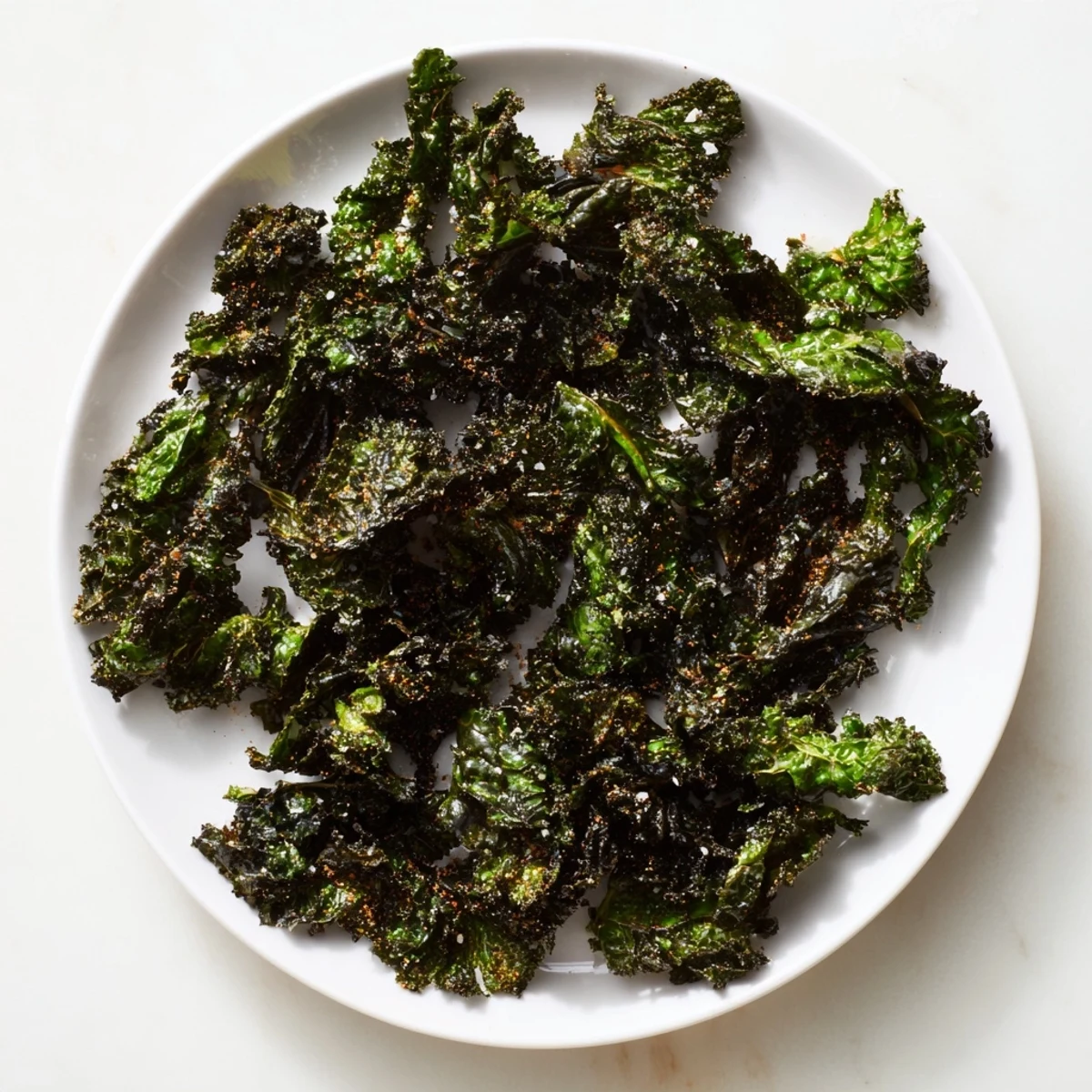 Freshly baked kale chips, tossed with seasoning, ready to serve as a satisfying, gluten-free snack.