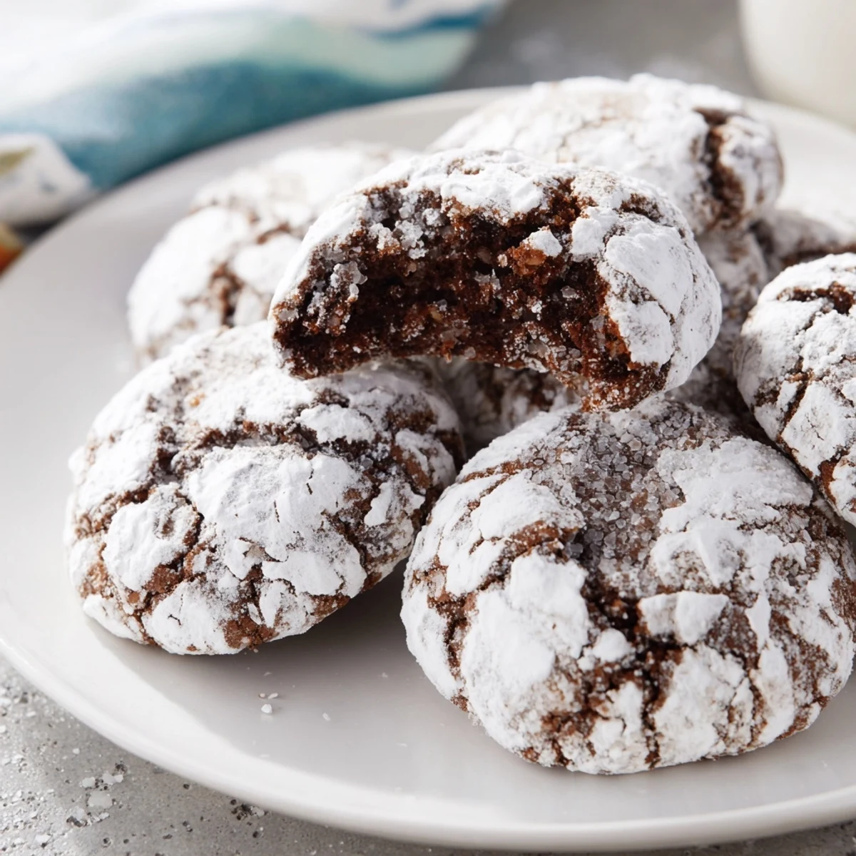 Stack of Chocolate Gingerbread Crinkle Cookies, covered in powdered sugar, ready to be enjoyed.
