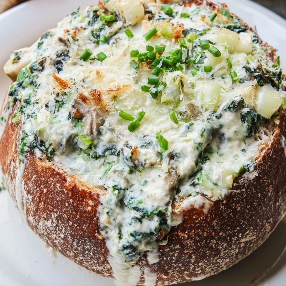 Warm, bubbly Best-Ever Spinach Dip in a crusty bread bowl, ready for dipping and sharing.
