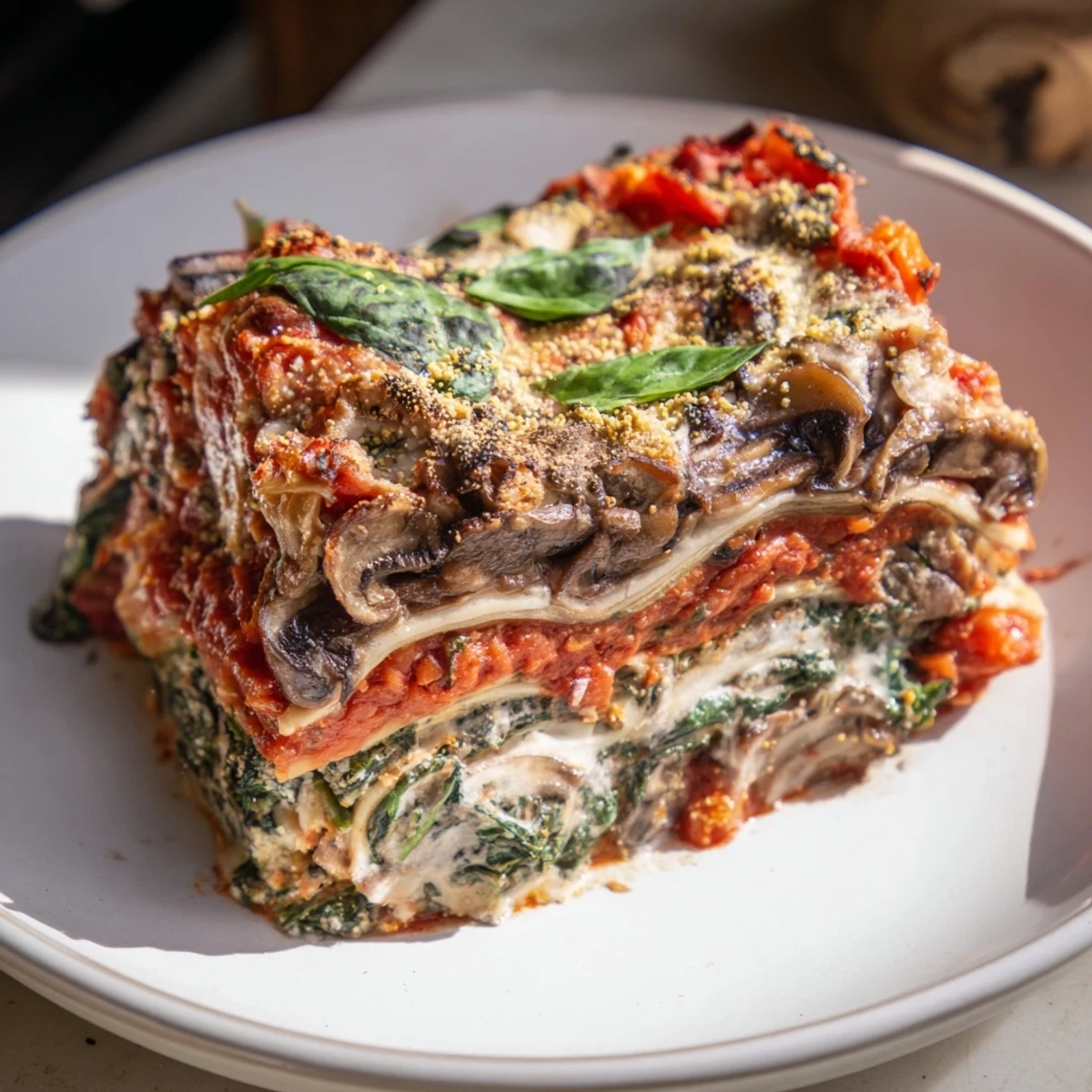 This delicious vegan mushroom spinach lasagna is baked until golden, with bubbling béchamel sauce.