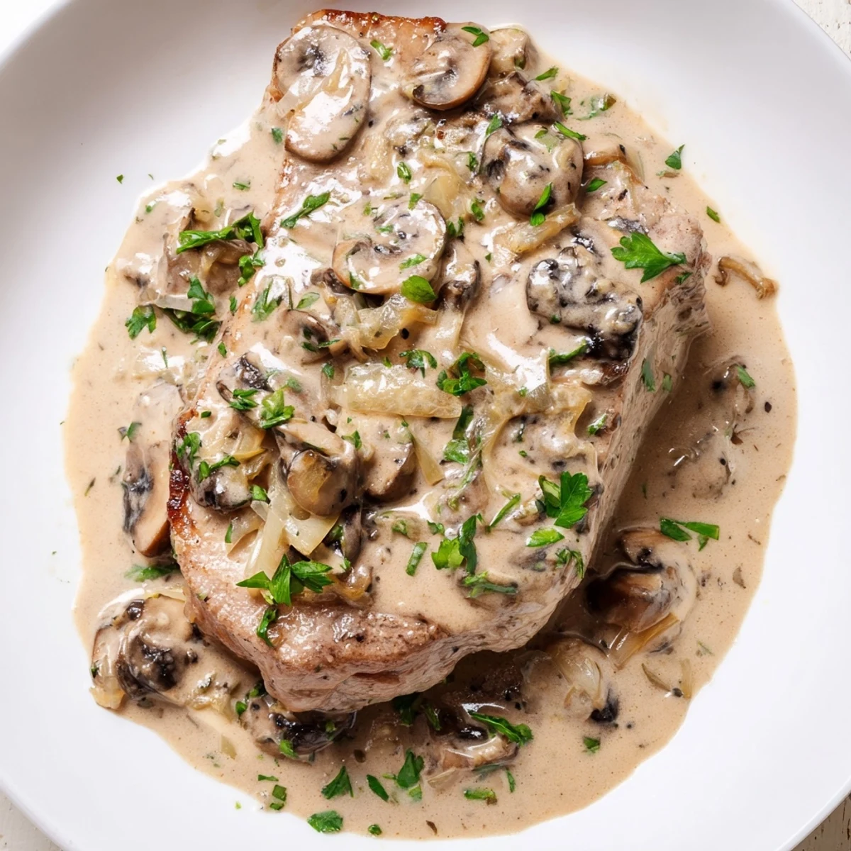 Golden-brown Stove Top Pork Chops with Cream of Mushroom Sauce, served over fluffy mashed potatoes.