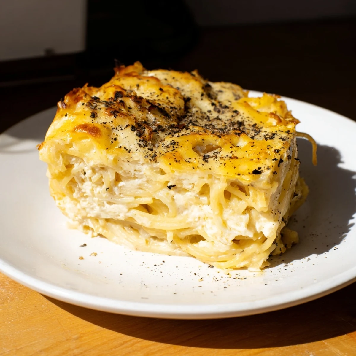 Golden-crusted Cacio e Pepe Pasta Pie, a flavorful, sliceable comfort food main dish.