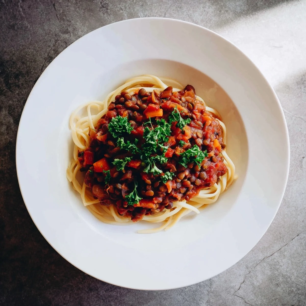 Smoky aroma of this Hearty Lentil Bolognese, a comforting vegetarian pasta meal, ready to serve.