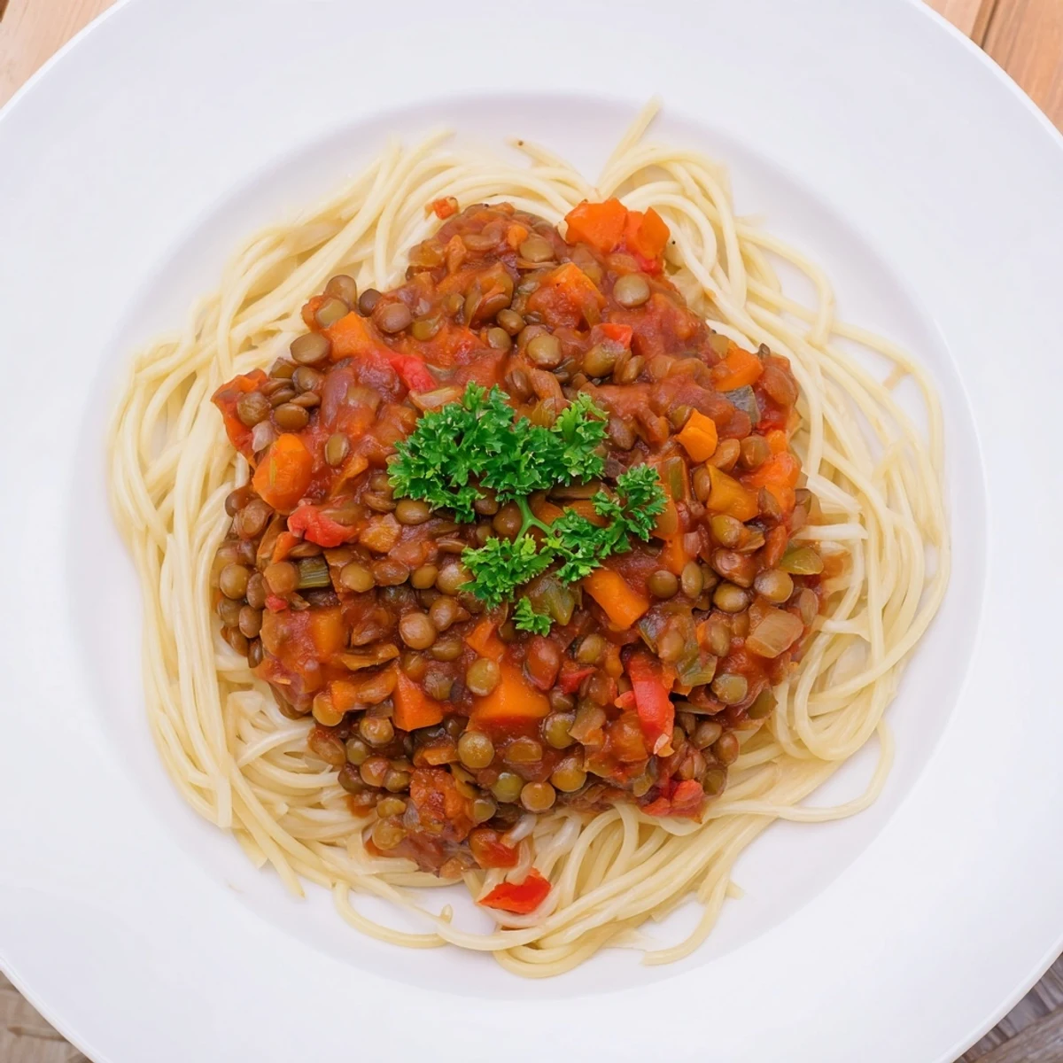A steaming bowl of Hearty Lentil Bolognese, thick tomato sauce over perfectly cooked pasta, ready to eat.
