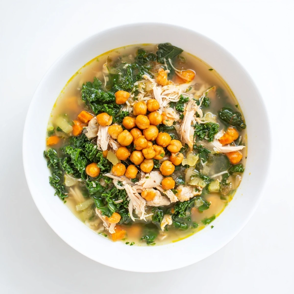 Chicken Kale Soup with Crispy Chickpeas, a warm bowl filled with flavorful broth, chicken and kale.