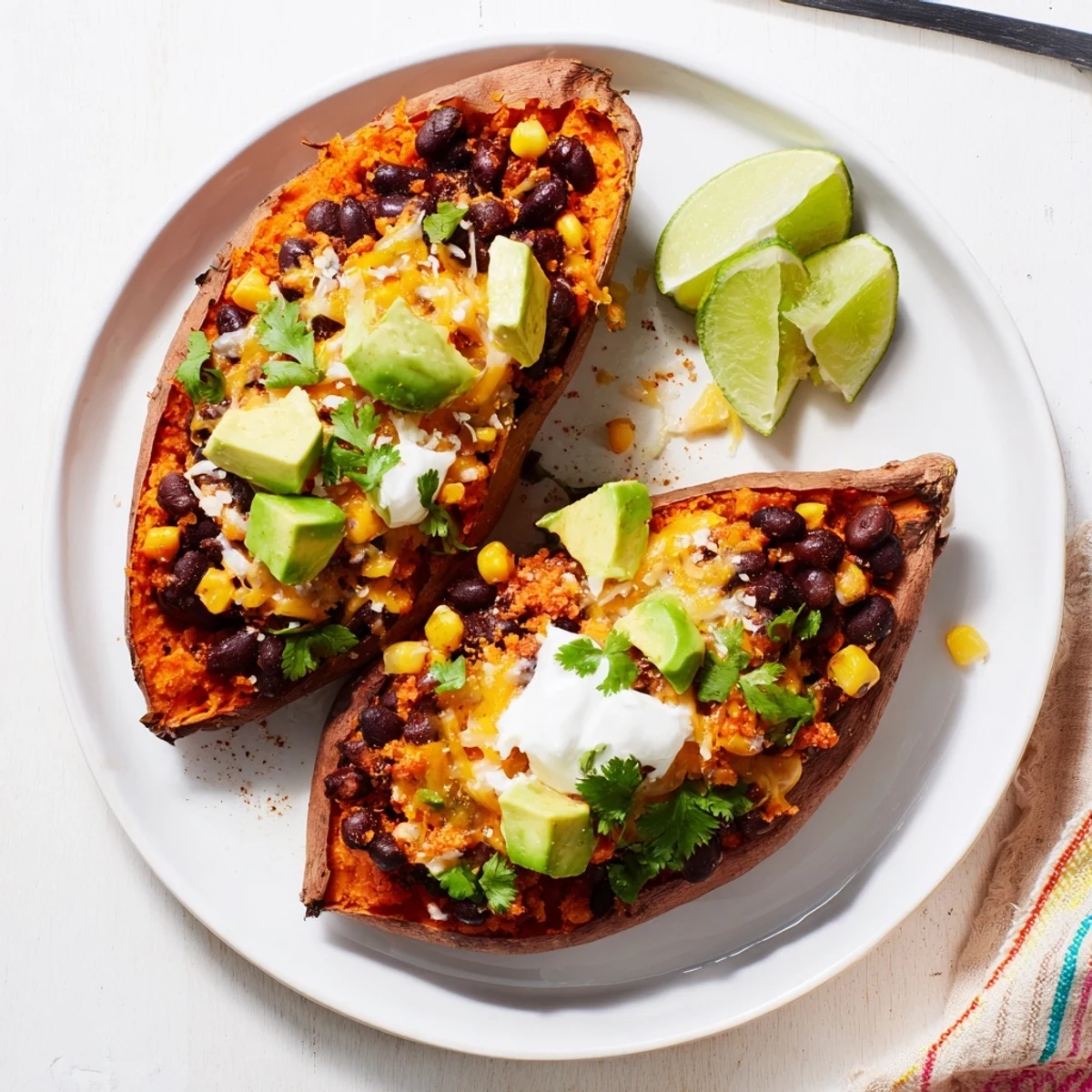 Golden, steaming Loaded Baked Sweet Potatoes, loaded with black beans, corn, and melted cheddar atop.