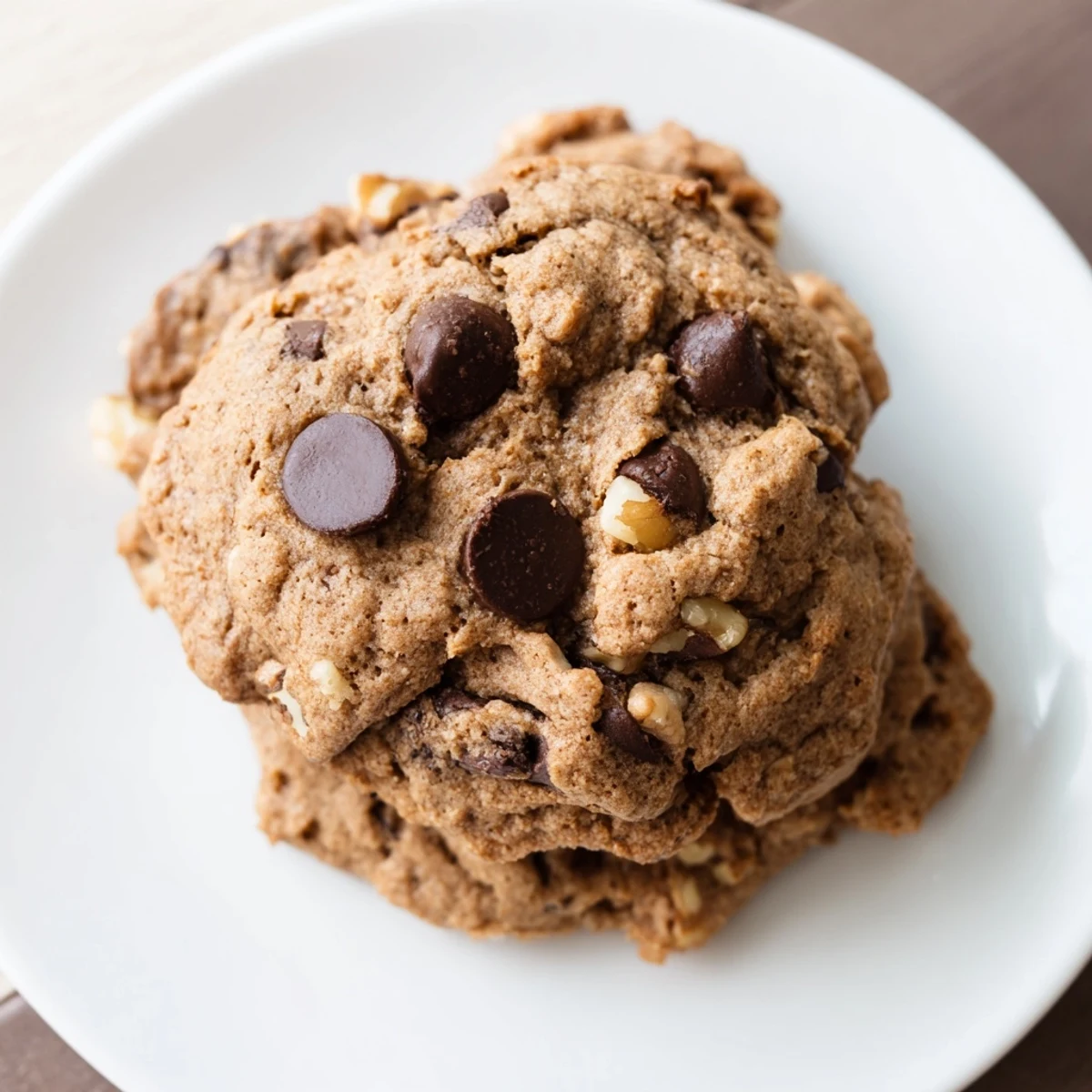 Warm, golden chewy protein chocolate chip cookies with melty chocolate chips, ready to enjoy.