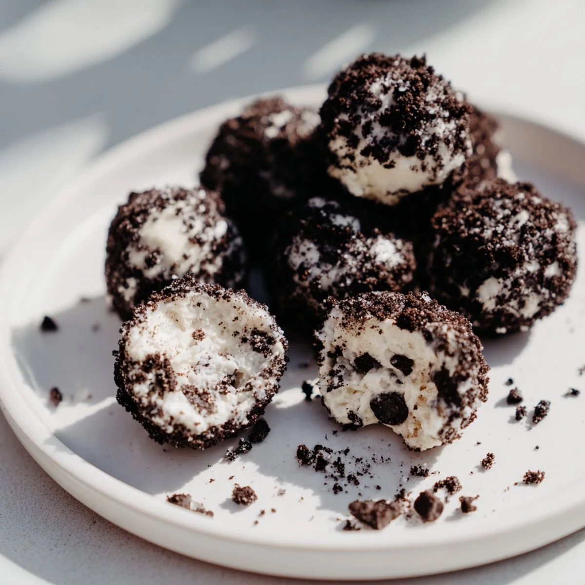 Cream Cheese Oreo Protein Balls displayed: creamy, rolled cookie bites speckled with dark Oreo crumbs.