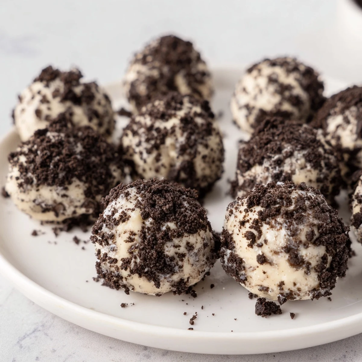 Imagine creamy Cream Cheese Oreo Protein Balls, studded with chocolate chips, ready for a tasty treat.