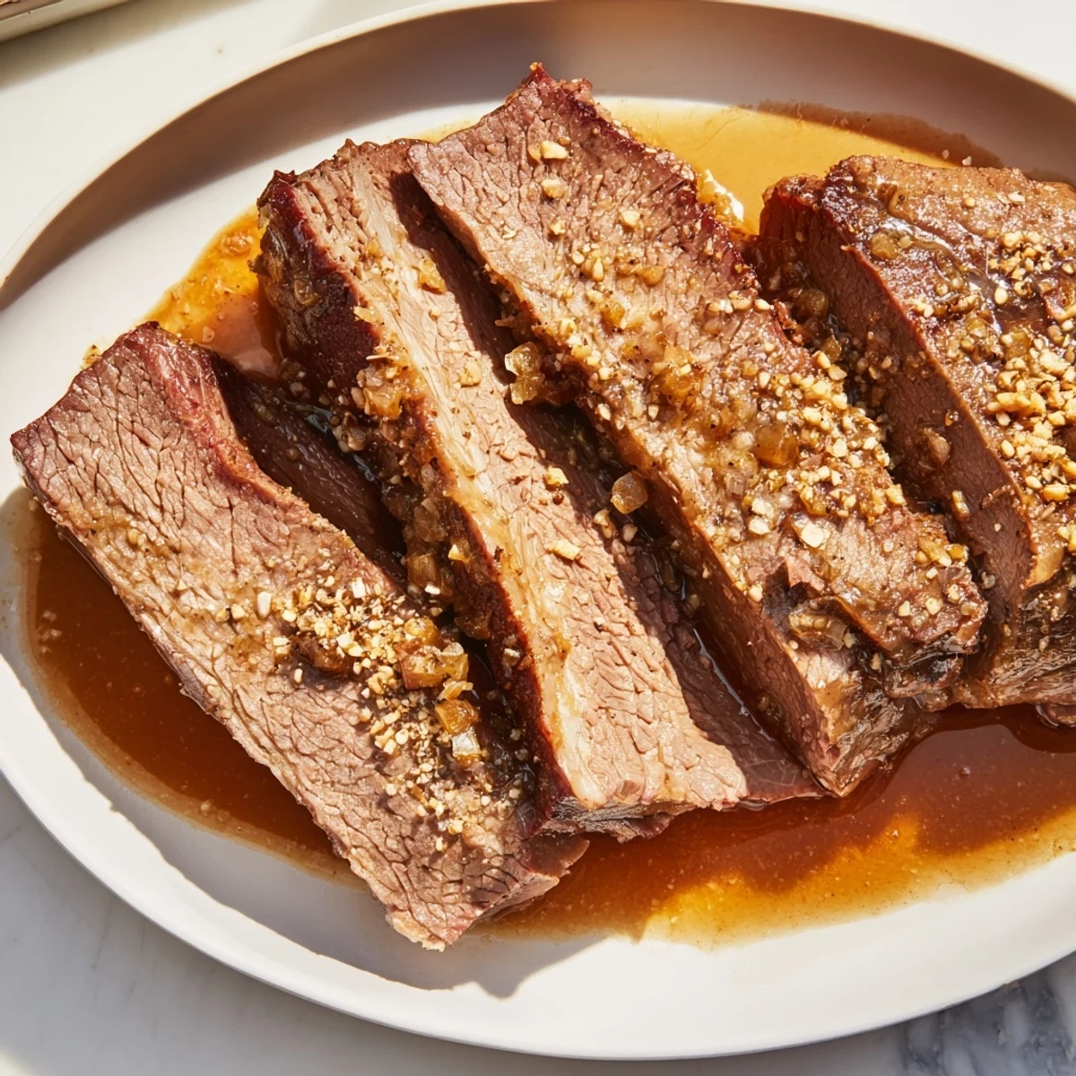 Tender Budget Holiday Chuck Roast, glistening from oven, served with savory pan juices and potatoes.