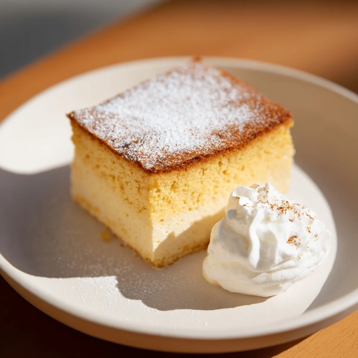 Golden square of Simplified Pumpkin Magic Cake, dusted with powdered sugar, ready to serve and enjoy.