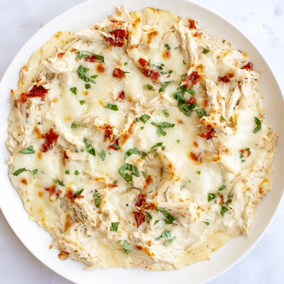 A close-up of a bubbling, baked Lightened Marry Me Chicken Dip, the perfect appetizer.