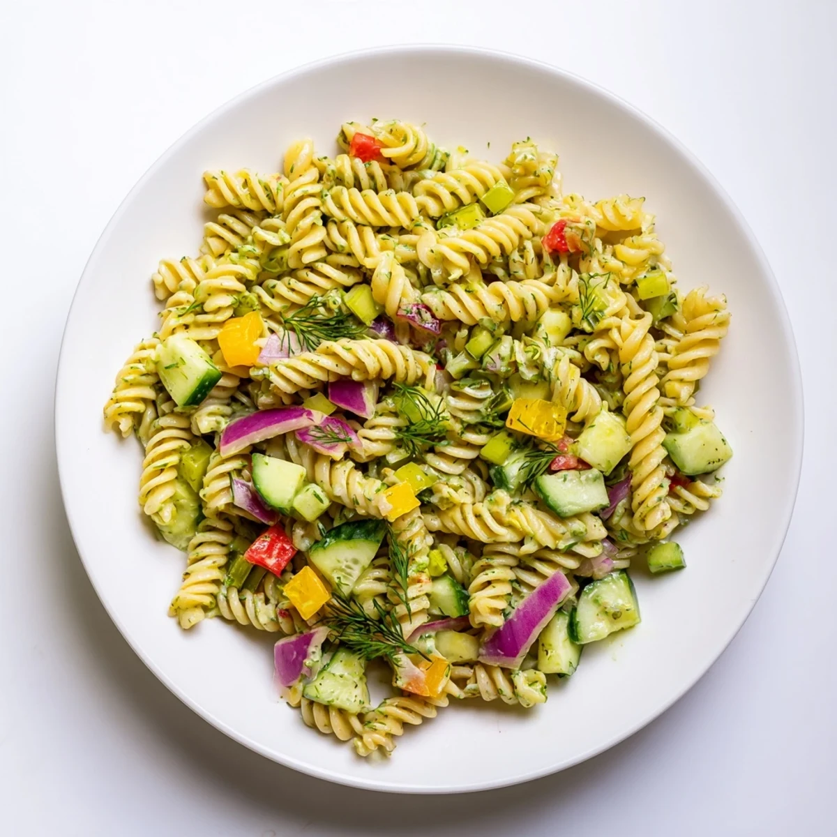 A chilled bowl of Dill Pickle Chopped Pasta Salad, featuring bright veggies and a creamy dressing.