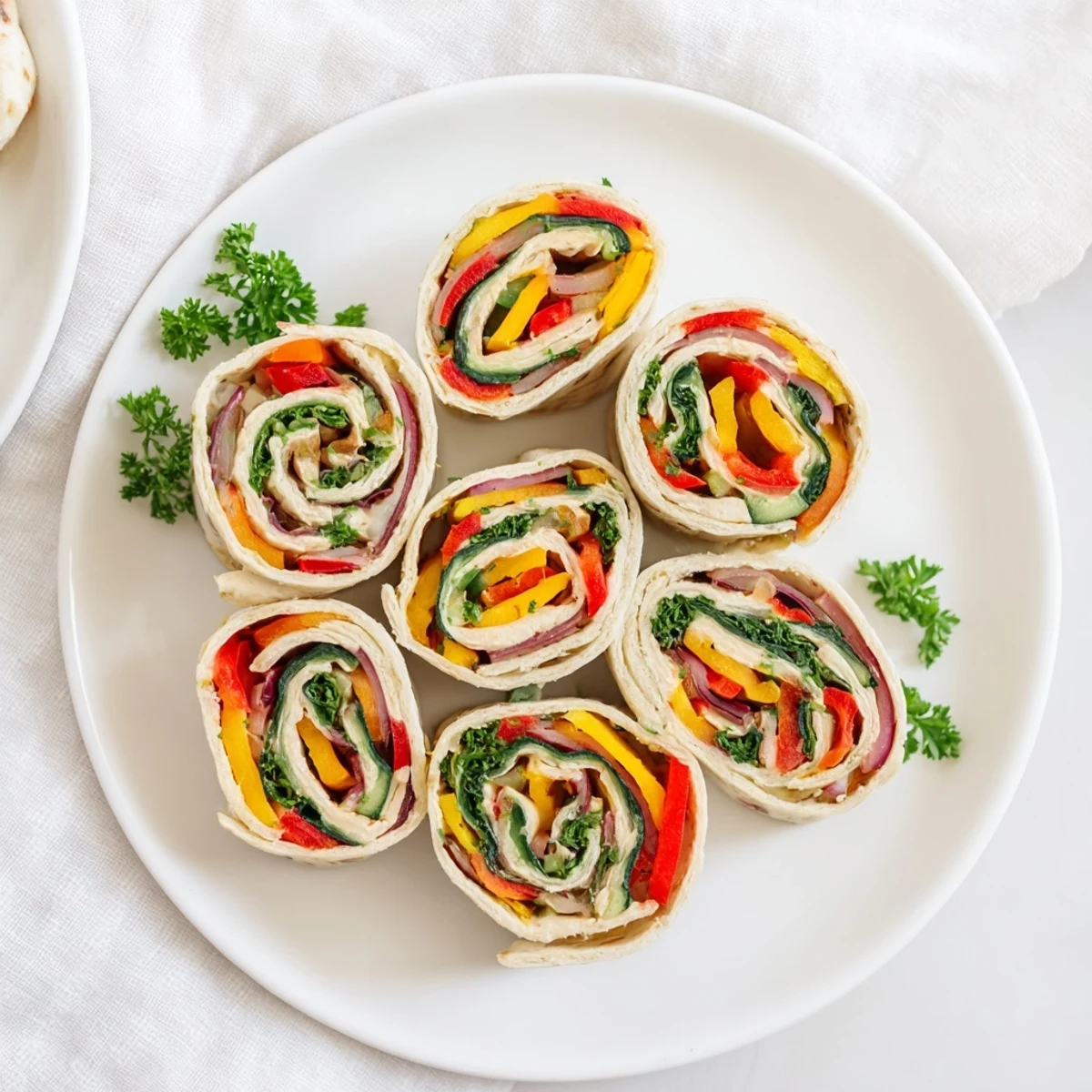 Close-up of fresh, delicious Roasted Veggie & Hummus candy cane roll-ups, ready to eat with a swirl.