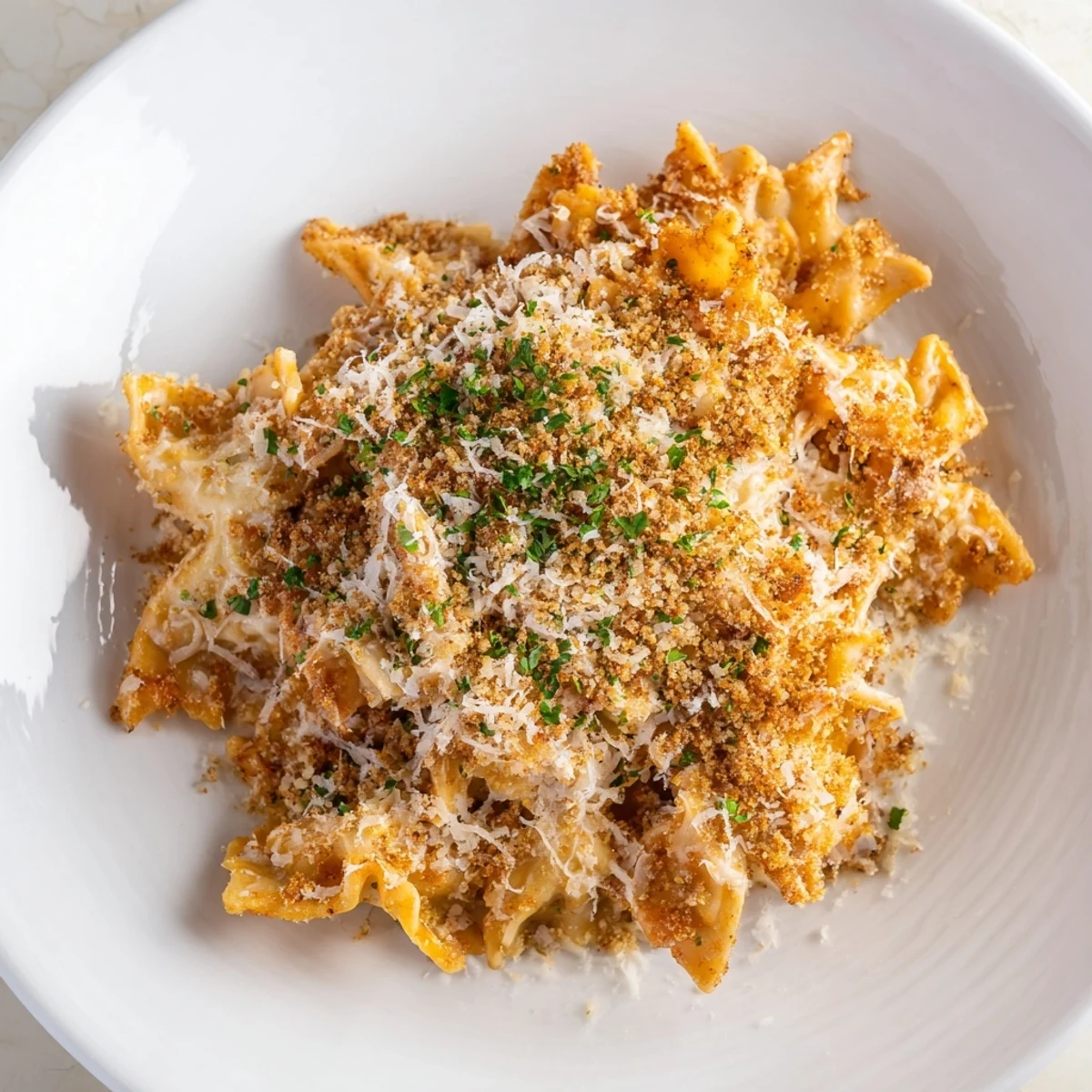 Golden-brown crust tops the bubbling Lightened Mac & Cheese Snowflake Pasta Bake with melted cheese.