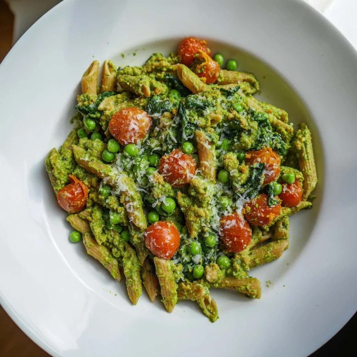 A single-pot creamy pesto pea protein pasta, visually vibrant, steaming with fresh spinach and tomatoes.