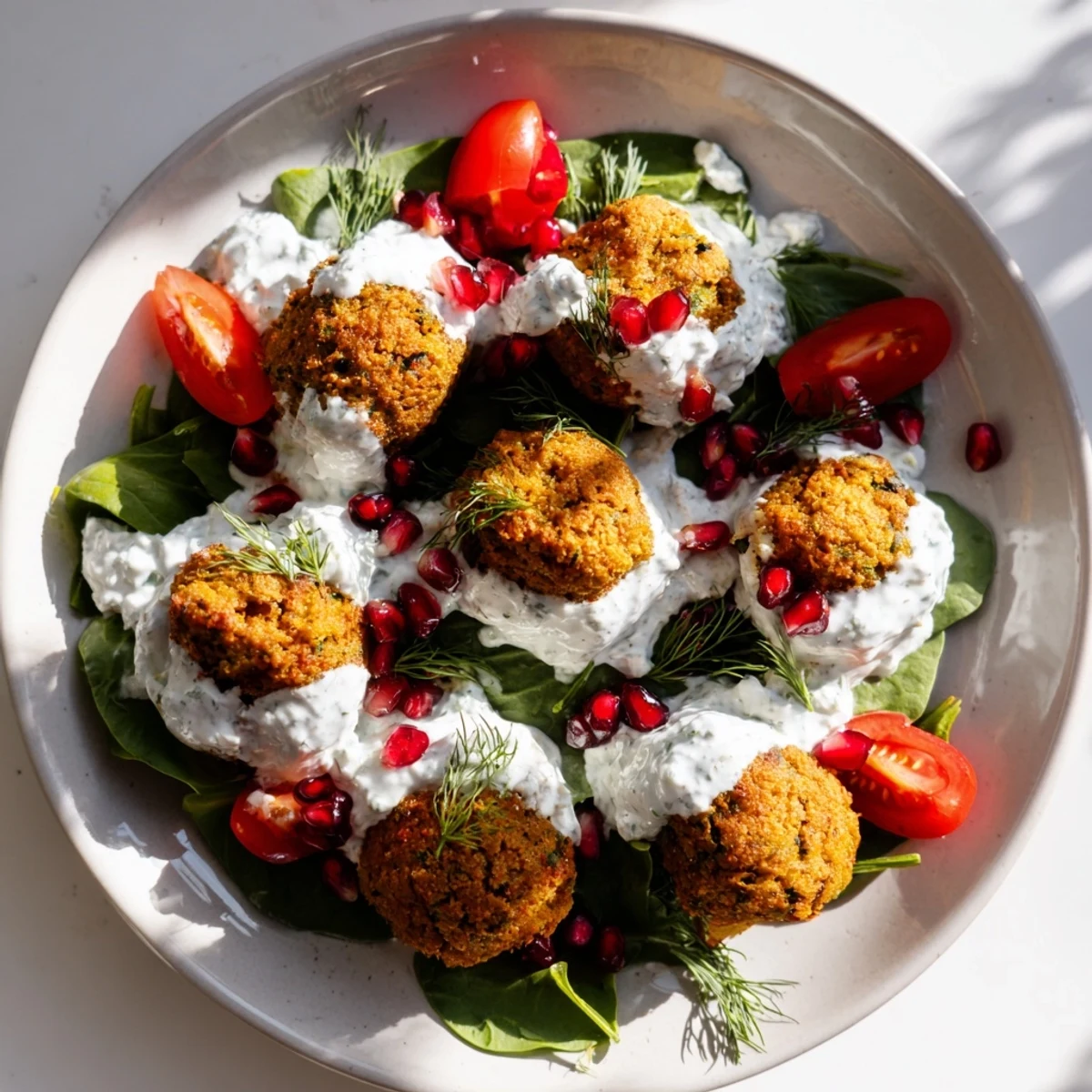 Festive Falafel & Tzatziki Christmas Wreath Wrap, a colorful and delicious vegetarian holiday main course.