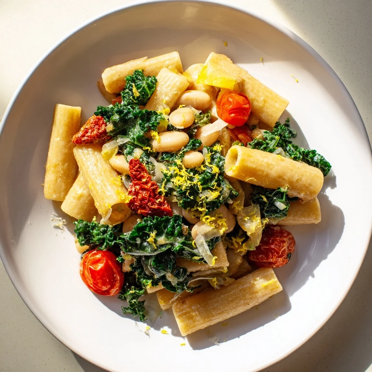 A steaming bowl of Healthy Tuscan White Bean & Kale Christmas Pasta, full of fresh ingredients.