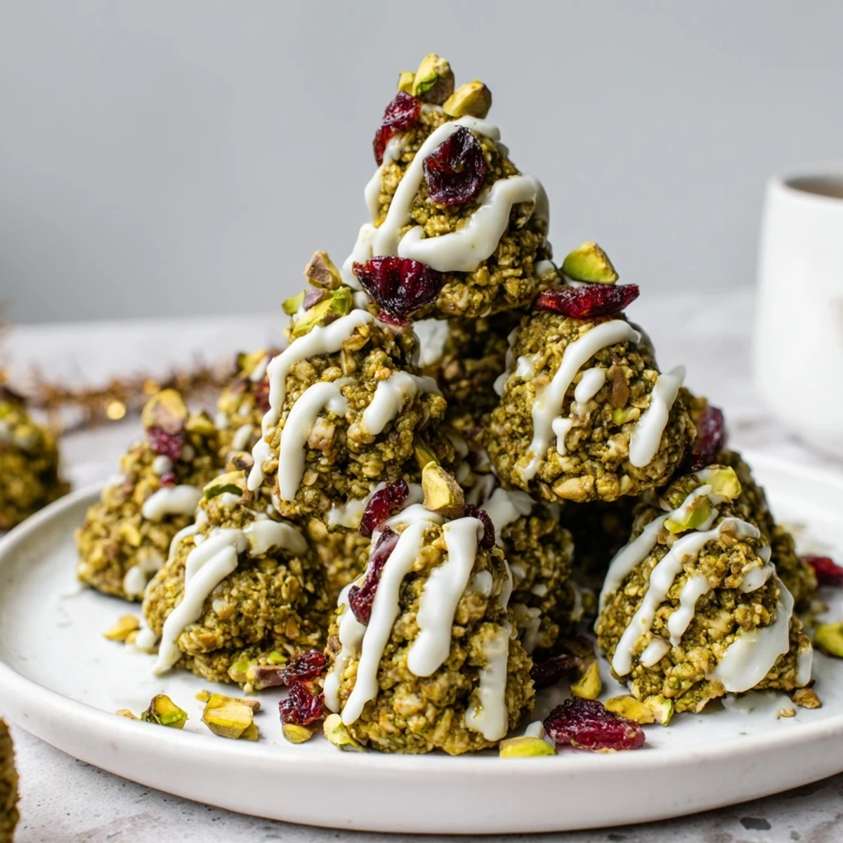 A close-up of beautifully decorated Matcha Pistachio Christmas Tree Energy Bites, perfect for sharing and delicious flavors.