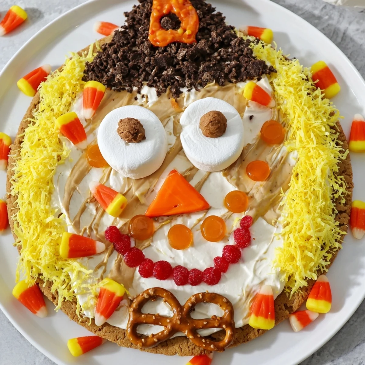 Vibrant Scarecrow Candy Platter featuring a smiling face made with colorful candies for a fun fall treat.