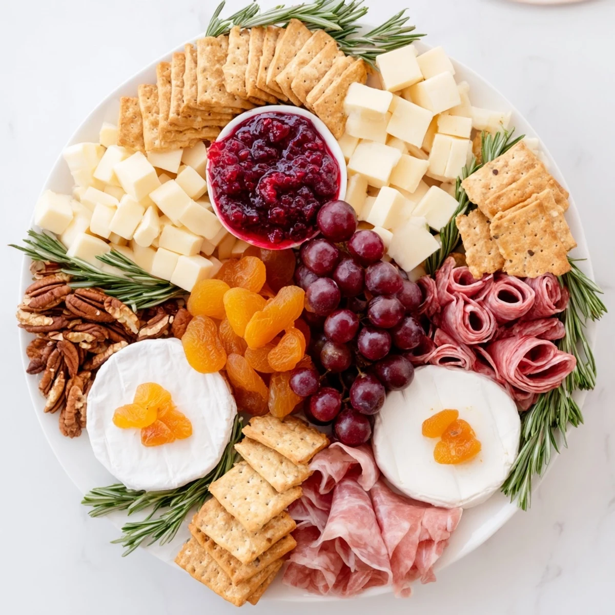 Vibrant Cranberry Wreath Platter with creamy cheese and prosciutto slices on a holiday serving board.