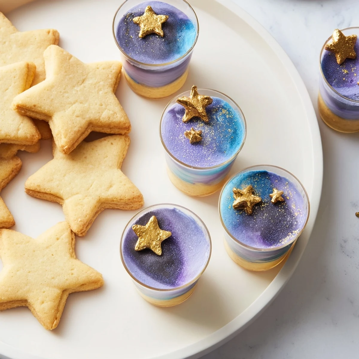 Stunning Stargazers Dessert Platter featuring star-shaped shortbread cookies with vibrant galaxy mousse.