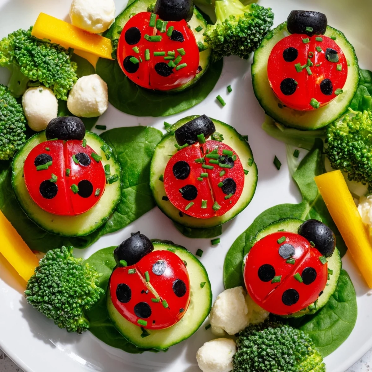 Vibrant Ladybug Garden Platter appetizer: fresh tomatoes and olives cleverly arranged on a veggie base.