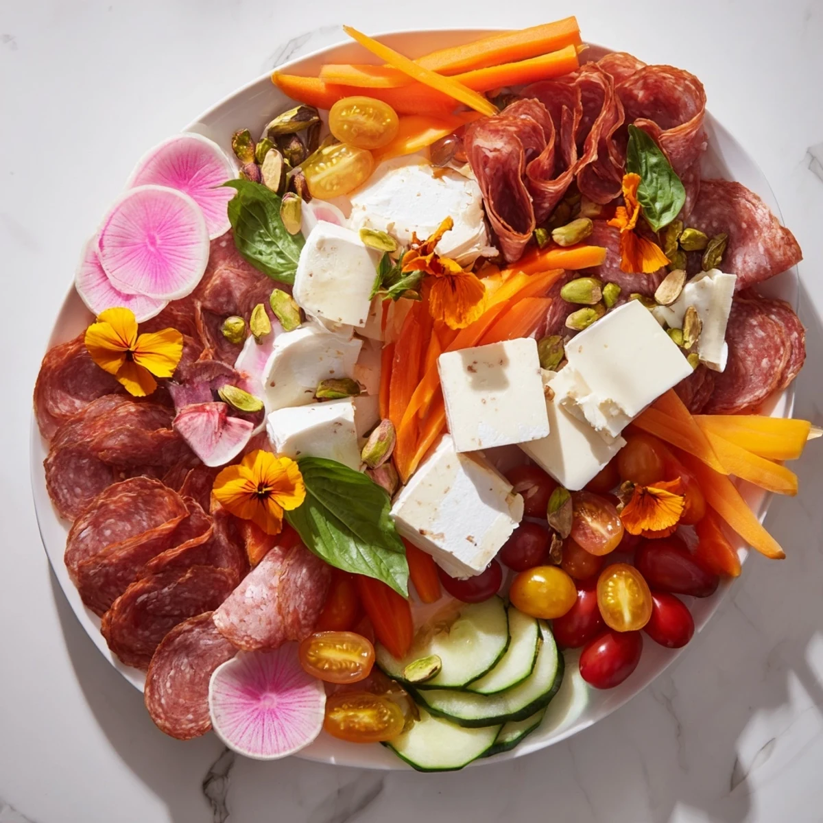 This Dragonfly Dance Appetizer Tray features a tempting mix of cheeses, cured meats, and fresh elements.