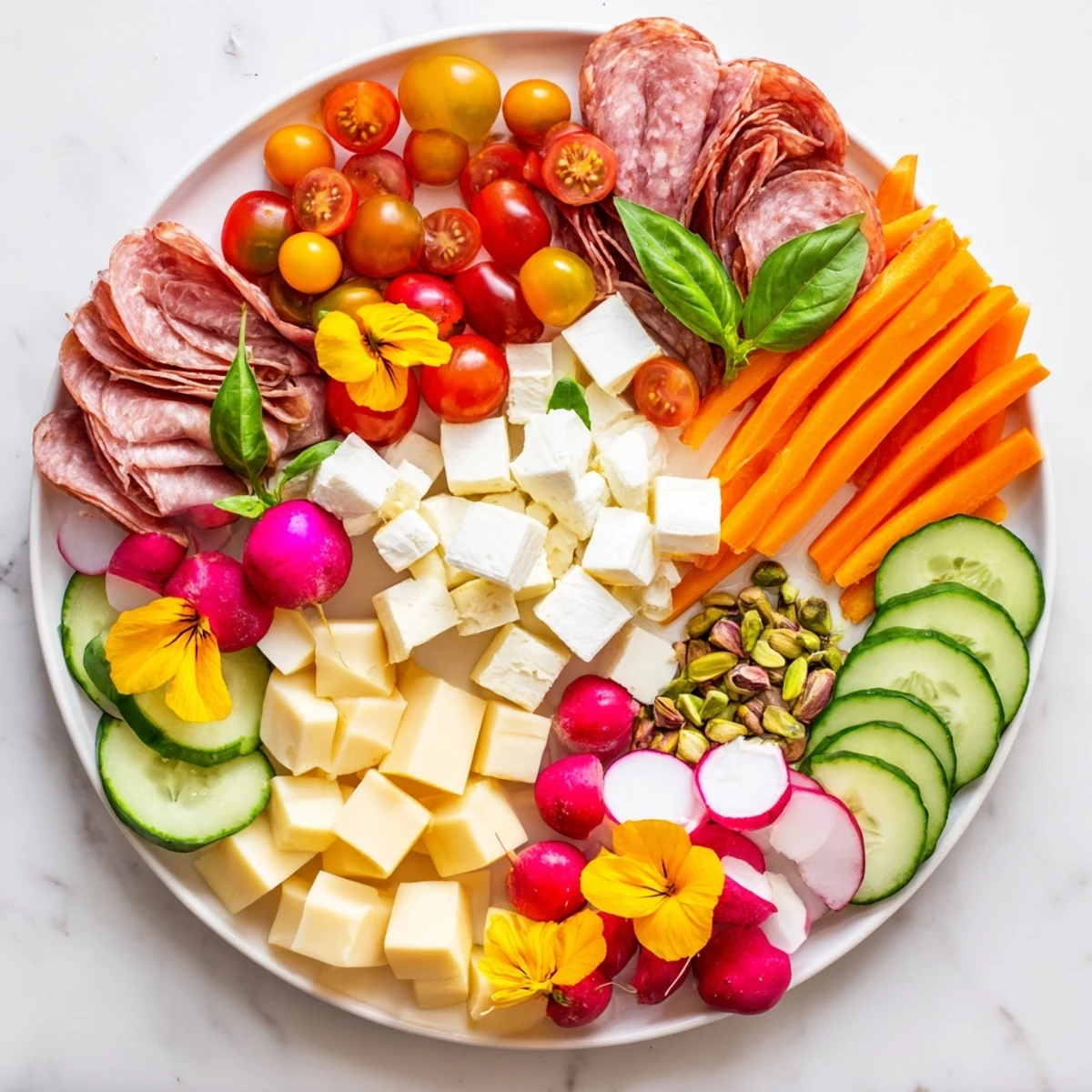A beautiful Dragonfly Dance Appetizer Tray: a delicious spread with hummus, crackers, and basil garnishes.