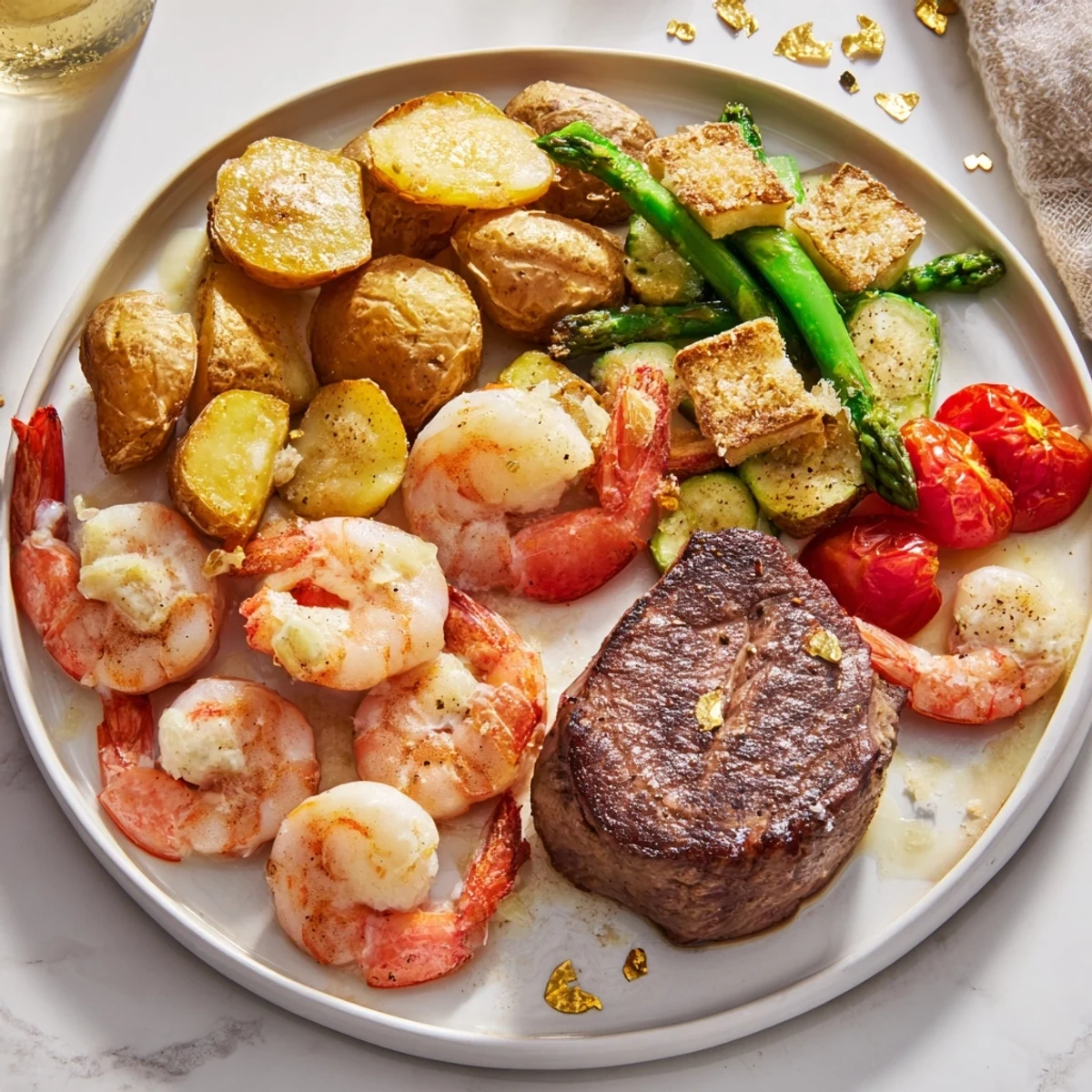 A Golden Heart Luxury Platter showcases seared filet mignon, scallops, and shrimp elegantly arranged.