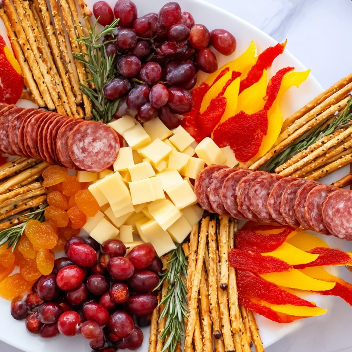 Flickering Fire Log Snack Board, a colorful cheese and cracker appetizer for a cozy party, is ready to serve.