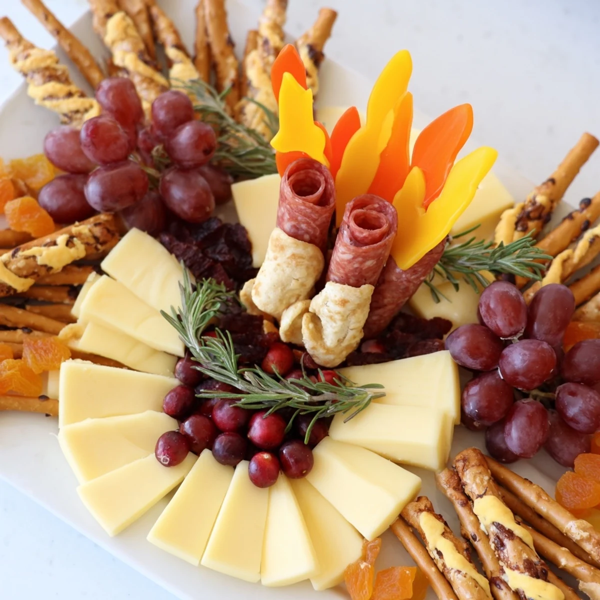 Arrangement of the Flicker Fire Log Snack Board shows various cheeses and fruits, like a burning fire log.