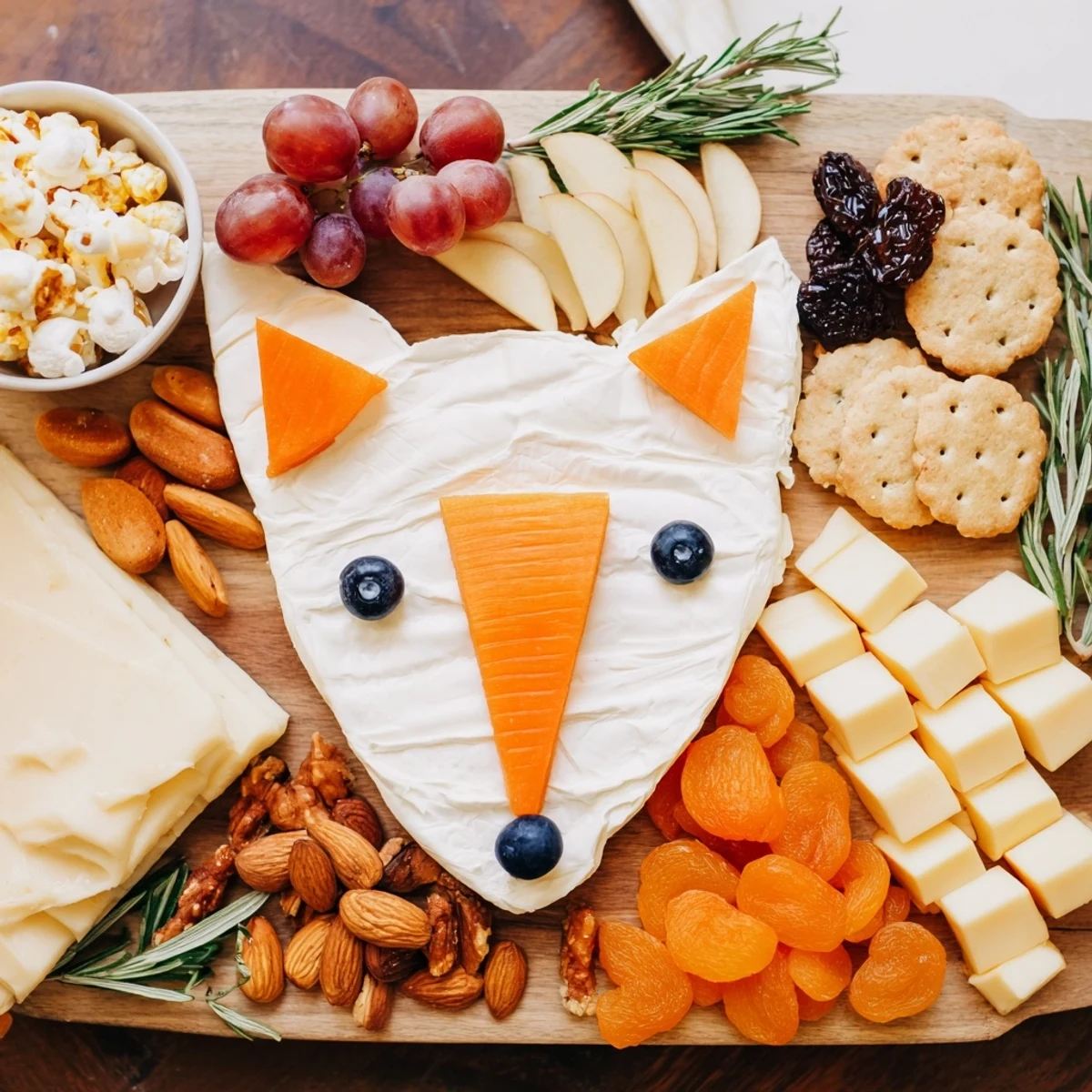 This delicious Whimsical Fox Fall Treat Board features a goat cheese fox with vibrant fall-colored treats.