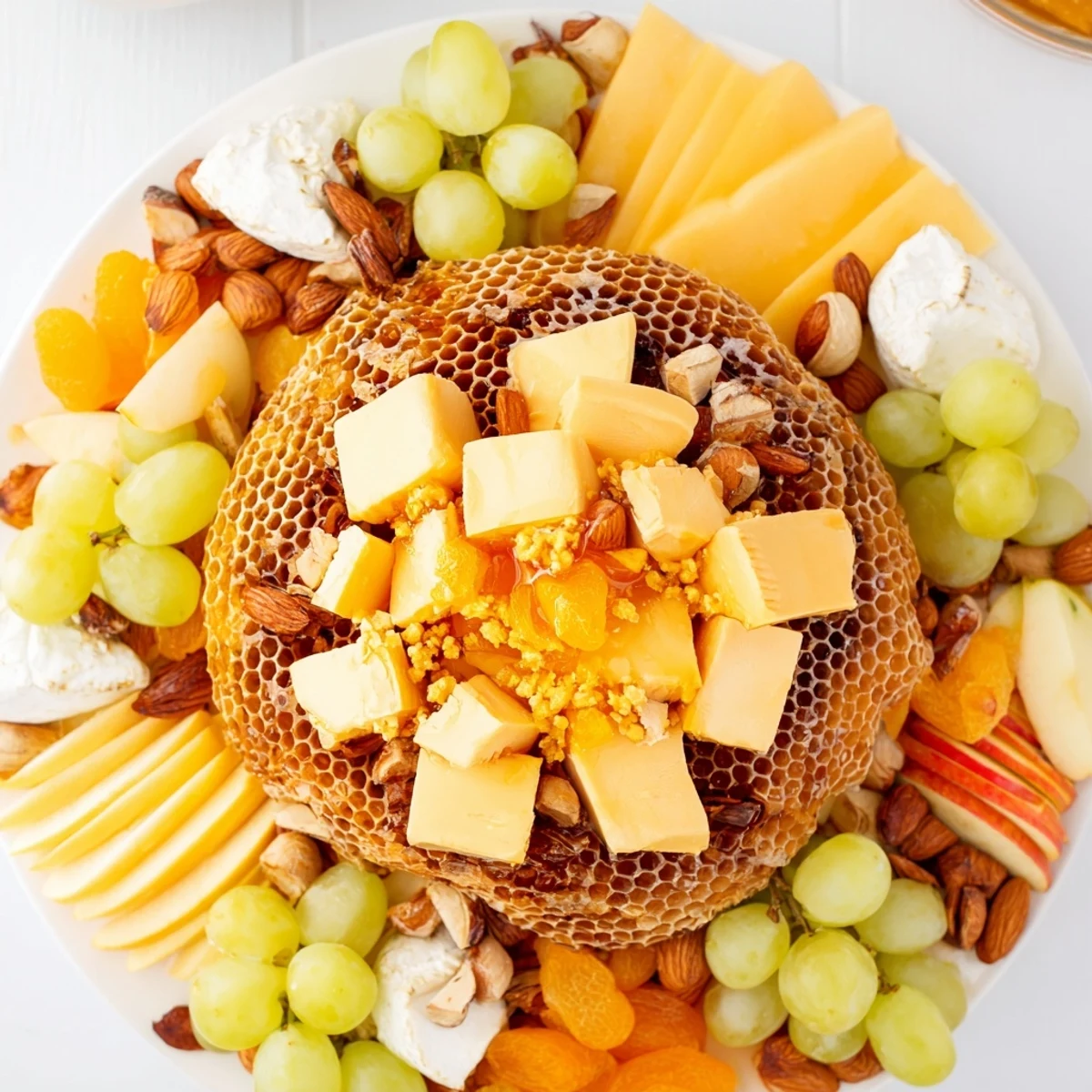 Golden honeycomb and vibrant fruits enhance this Busy Bee Honeycomb Snack Plate, offering a perfect appetizer.